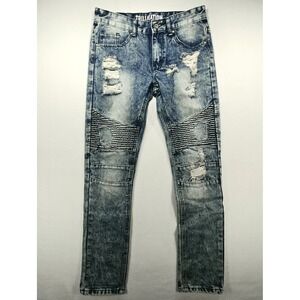 Trillnation Mens 30 Biker Jeans Blue Acid Wash Distressed Moto Slim Fit Denim